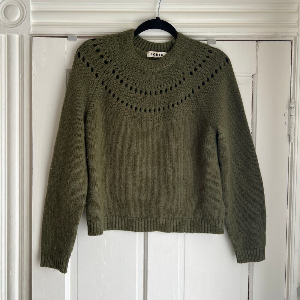 Boden Women's Olive Green Wool Sweater Fair Isle Punched Holes Extra Small